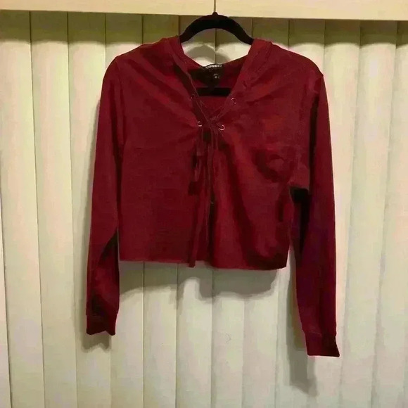 Express Cropped hoodie with cross cross ties in front. Maroon color size XS - Picture 1 of 8